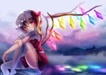  1girl :o blonde_hair bow building castle clouds flandre_scarlet frilled_skirt frills from_side glowing hair_bow hand_on_own_elbow hat highres holding_arm koissa leg_up looking_to_the_side mob_cap open_mouth outdoors puffy_short_sleeves puffy_sleeves rainbow_order red_bow red_eyes red_skirt red_vest reflection shirt short_sleeves skirt sky soaking_feet solo steam thigh-highs touhou vest water white_hat white_legwear white_shirt zettai_ryouiki 