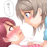  2girls blue_eyes blush brown_hair close-up face face-to-face from_side heart looking_at_another love_live! love_live!_sunshine!! multiple_girls open_mouth portrait profile purple_hair sakurauchi_riko short_hair striped sweat translation_request watanabe_you yellow_eyes yuchi_(salmon-1000) yuri 