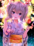  1girl :d blue_eyes blush candy_apple commentary_request fireworks fish hair_ornament japanese_clothes kantai_collection kashima_(kantai_collection) kimono looking_at_viewer open_mouth silver_hair smile solo twintails upper_body yadapot yukata 