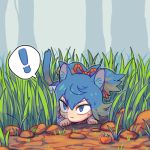  ! &gt;:( 1boy ambush animal_ears bandaid bandaid_on_face bangs blue_eyes blue_hair closed_mouth cross_scar day grass ground hair_ribbon hiding japanese_clothes kemonomimi_mode long_sleeves looking_away lowres male_focus mino_(mino_cat) nature on_ground ponytail ribbon rope sayo_samonji scar_on_cheek shade solo spoken_exclamation_mark sweat touken_ranbu tree 