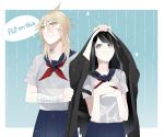  2girls black_hair blonde_hair blush english highres koumi04 long_hair multiple_girls osoro_shidesu ponytail wet wet_clothes yandere-chan yandere_simulator yuri 