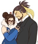  1boy 1girl adjusting_clothes beard black-framed_eyewear black_hair blue_dress blush brown_eyes brown_hair china_dress chinese_clothes commentary detached_sleeves dress facial_hair formal hair_bun hair_ornament hair_ribbon hair_stick hanzo_(overwatch) height_difference hetero kathleen_lim mei_(overwatch) overwatch ribbon short_hair sideburns smile suit tan topknot 