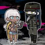  1boy 1girl :q aqua_eyes bandages bikini bikini_top black_hair boots character_mask chibi coat covered_mouth dangan_ronpa dark_skin gakuran ganguro half_mask hat jacket_on_shoulders long_hair lowres mask monokuma new_dangan_ronpa_v3 paintbrush painting peaked_cap school_uniform shimada_(dmisx) shinguuji_korekiyo silver_hair skirt swimsuit tongue tongue_out yellow_eyes yonaga_angie 