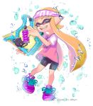  1girl air_bubble bangs basketball_uniform bike_shorts black_shorts blunt_bangs closed_eyes domino_mask fangs full_body headband highres holding holding_weapon inkling long_hair mask open_mouth orange_hair pointy_ears puchiman purple_shoes shirt shoes shorts slosher_(splatoon) smile sneakers solo splatoon sportswear standing tentacle_hair twitter_username weapon white_background 