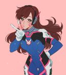  1girl artist_name bodysuit brown_eyes brown_hair bubble_blowing bubblegum bunny_print com_(com0107) d.va_(overwatch) facepaint facial_mark gloves gum hand_on_hip headset highres long_hair looking_at_viewer overwatch pilot_suit pink_background ribbed_bodysuit simple_background solo sparkle upper_body v whisker_markings white_gloves 