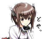  1girl brown_eyes brown_hair cellphone commentary_request eyebrows eyebrows_visible_through_hair getsuyoubi_no_tawawa kantai_collection looking_at_viewer phone short_hair smartphone solo taihou_(kantai_collection) tawawa_challenge tk8d32 trembling upper_body 