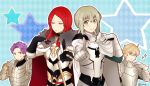  armor blonde_hair cape carnival_phantasm closed_eyes dancing gauntlets gawain_(fate/extra) gloves hand_on_own_chest jewelry lancelot_(fate/grand_order) looking_at_viewer morii_shizuki parody pointing pointing_at_viewer purple_hair redhead ring sparkle tristan_(fate/grand_order) 