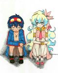  +_+ 1boy 1girl absurdres armband black_hair commentary_request core_drill dress goggles goggles_on_head highres long_hair marker_(medium) mehonobu_g multicolored_hair nia_teppelin open_clothes open_shirt shirt short_hair simon tengen_toppa_gurren_lagann traditional_media 