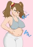  1girl belly_grab blush breasts brown_hair covered_nipples fat gundam gundam_build_fighters gundam_build_fighters_try large_breasts mikoyan pink_background sazaki_kaoruko simple_background solo tank_top thigh-highs translation_request twintails weight_conscious white_legwear 