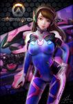  1girl 2016 bangs bodysuit breasts brown_eyes brown_hair bunny_print copyright_name cowboy_shot d.va_(overwatch) dated emblem facepaint facial_mark gloves hand_on_hip head_tilt headphones high_collar highres light_smile lips long_hair looking_at_viewer marisa_(monteirolarissa7) mecha medium_breasts meka_(overwatch) nose overwatch pilot_suit pink_lips ribbed_bodysuit shoulder_pads signature skin_tight solo swept_bangs whisker_markings white_gloves 