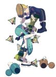  1boy 1girl absurdres bangs bike_shorts black_shorts blunt_bangs bomb_rush_(splatoon) domino_mask half-closed_eyes highres inkling inkzooka_(splatoon) long_hair looking_at_another luna_blaster_(splatoon) mask pointy_ears puchiman short_hair shorts single_vertical_stripe splat_bomb_(splatoon) splatoon standing tentacle_hair twitter_username white_background 