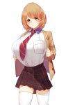  1girl breasts brown_eyes brown_hair hair_ornament heart_hair_ornament highres huge_breasts light_smile narusawa_ryouka occultic;nine plaid plaid_skirt short_hair simple_background skirt solo thigh-highs thighs white_background white_legwear wujia_xiaozi zettai_ryouiki 