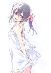 1girl bangs bare_shoulders black_hair blush bow covering covering_ass dress from_behind hair_bow hirasato long_hair looking_at_viewer looking_back love_live! love_live!_school_idol_project open_mouth red_eyes smile solo sundress twintails white_dress wind yazawa_nico 