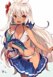  1girl :d bikini blue_skirt blurry bow breasts brown_eyes cleavage collarbone dark_skin depth_of_field dragon eyebrows eyebrows_visible_through_hair flower granblue_fantasy hair_between_eyes hair_flower hair_ornament halterneck haruka_(reborn) leaning_forward long_hair looking_at_viewer medium_breasts open_mouth pleated_skirt simple_background skirt smile standing swimsuit tail tail_bow the_order_grande very_long_hair water_drop white_background white_bikini white_hair 