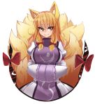  1girl animal_ears blonde_hair bow breasts dress eyebrows eyebrows_visible_through_hair fox_ears fox_tail fusion gap hair_ribbon hands_in_sleeves iwbitu-sa large_breasts long_hair multiple_tails ribbon simple_background smile solo tail touhou tress_ribbon white_background yakumo_ran yakumo_yukari yellow_eyes 