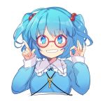  1girl bespectacled blue_eyes blue_hair blue_shirt blush eyebrows eyebrows_visible_through_hair frilled_shirt_collar frills glasses grin hair_bobbles hair_ornament index_finger_raised kawashiro_nitori key long_sleeves looking_at_viewer ok_sign red-framed_eyewear round_glasses shirt simple_background smile solo tori_(otori) touhou twintails twitter_username two_side_up upper_body white_background 