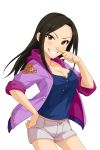  1girl artist_request black_hair blush breasts grin hand_on_hip idolmaster idolmaster_cinderella_girls jacket large_breasts long_hair mukai_takumi official_art short_shorts shorts simple_background sleeves_rolled_up smile solo white_background 