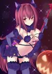  1girl animal_ears black_gloves black_legwear blush breasts cleavage elbow_gloves fate/grand_order fate_(series) gae_bolg gloves highres holding holding_weapon jack-o&#039;-lantern kesoshirou looking_at_viewer navel purple_hair red_eyes scathach_(fate/grand_order) smile solo tail weapon 