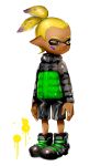  1boy absurdres black_shoes black_shorts blonde_hair coat dark_skin domino_mask full_body green_coat grimace hair_slicked_back highres inkling long_sleeves looking_to_the_side male_focus mask paint_splatter pointy_ears puchiman scrunchie shoes short_hair shorts sketch solo splatoon standing tentacle_hair topknot white_background yellow_eyes 