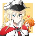  2girls aquila_(kantai_collection) blonde_hair blue_eyes blush character_name chibi closed_eyes clothes_grab graf_zeppelin_(kantai_collection) hair_between_eyes hair_ornament hairclip hat heart high_ponytail highres iron_cross kantai_collection looking_at_viewer military_hat minigirl multiple_girls open_mouth orange_hair peaked_cap rebecca_(keinelove) sidelocks twintails 