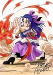  1girl blue_eyes blue_hair bow breasts dragon_quest dragon_quest_v dress earrings fighting_stance fire flora gengoro_akemori hair_bow half_updo jewelry large_breasts long_hair magic pink_bow scepter spell staff 