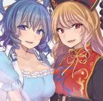  2girls asa_(coco) black_dress blonde_hair blue_dress blue_eyes blue_hair breast_hold breast_press breasts cleavage collarbone dress hair_ornament hair_rings hair_stick hands_in_sleeves hat junko_(touhou) kaku_seiga large_breasts long_hair long_sleeves looking_at_viewer multiple_girls open_clothes open_vest parted_lips puffy_short_sleeves puffy_sleeves red_eyes ringlets shawl short_sleeves smile symmetrical_docking tabard touhou vest 