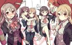  6+girls alternate_costume aquila_(kantai_collection) bare_shoulders blonde_hair blush bottle brown_eyes brown_hair drunk formal glasses hair_between_eyes jacket kantai_collection libeccio_(kantai_collection) littorio_(kantai_collection) long_hair long_sleeves looking_at_viewer money multiple_girls necktie no_hat no_headwear open_mouth orange_hair pola_(kantai_collection) roma_(kantai_collection) sitting sketch smile suit tanuma_(tyny) tray twintails wavy_hair zara_(kantai_collection) 