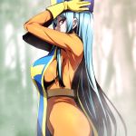  1girl adjusting_clothes adjusting_hat blue_hair blurry bodysuit breasts cowboy_shot depth_of_field dragon_quest dragon_quest_iii from_side gloves hat large_breasts long_hair looking_to_the_side mitre nakahira_guy priest_(dq3) profile red_eyes side_glance skin_tight solo tabard very_long_hair yellow_gloves 