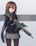  1girl assault_rifle black_legwear blue_eyes bofors_ak5 brown_hair dreadtie fn_fnc gun highres original pantyhose scarf school_uniform short_hair solo weapon 