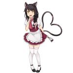  1girl animal_ears braid cat_ears cat_tail dress finger_to_mouth high_heels highres holding long_hair low-tied_long_hair multiple_tails nekomata_(youkai_hyakki-tan!) official_art open_mouth pigeon-toed short_sleeves simple_background solo tail thigh-highs underbust white_background white_legwear yellow_eyes youkai_hyakki-tan! 