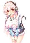  1girl :d black_skirt blush breasts cowboy_shot fur_trim headphones jewelry large_breasts leaning_forward long_hair necklace nitroplus open_clothes open_mouth open_vest pink_hair pom_pom_(clothes) red_eyes shirt skirt smile solo star super_sonico syroh tail tiger_tail v_arms vest 