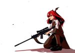  1girl :d bat_wings brown_legwear collared_shirt dress_shirt finger_on_trigger full_body gun hair_over_one_eye head_wings holding holding_gun holding_weapon koakuma loafers long_hair looking_at_viewer looking_to_the_side nagamona necktie open_mouth pantyhose red_eyes red_necktie redhead rifle shaded_face shadow shirt shoes sideways_mouth simple_background skirt skirt_set sling smile solo squatting touhou vest weapon white_background white_shirt wings 