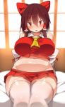  1girl bare_shoulders belly benjamin_button_suukina_jinsei blurry blush bow breasts brown_hair cookie_(touhou) d:&lt; depth_of_field detached_sleeves fat_folds hair_bow hair_tubes hakurei_reimu highres large_breasts looking_at_viewer microskirt navel on_bed plump red_eyes reu short_hair sitting sitting_on_bed skindentation skirt solo thick_thighs thighs touhou 