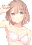  1girl blush bow bow_bra bra breasts brown_eyes brown_hair frilled_bra frills hand_in_hair highres hirasato looking_up medium_breasts original pink_bra short_hair simple_background sketch solo underwear upper_body white_background 