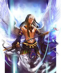  1boy abs dark_skin feathered_wings feathers jewelry kamigami_no_asobi mori_(tsk03ss) necklace orange_eyes shirtless sky solo staff tattoo thoth_caduceus tiara veil wings 