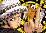  4boys alsea black_hair character_request commentary_request earrings facial_hair hat jewelry looking_at_viewer male_focus middle_finger multiple_boys one_piece smile standing standing_on_one_leg trafalgar_law 