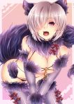  1girl animal_ears bare_shoulders bow breasts cleavage elbow_gloves eyebrows eyebrows_visible_through_hair fang fate/grand_order fate_(series) fujisaki_(fuzifuziko) fur_trim gloves hair_over_one_eye highres lace lace-trimmed_thighhighs leaning_forward looking_at_viewer medium_breasts o-ring open_mouth purple_hair red_bow revealing_clothes shielder_(fate/grand_order) shiny shiny_skin short_hair solo tail thigh-highs tongue under_boob v-arms violet_eyes wolf_ears wolf_tail 