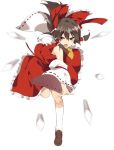  1girl armpit_peek ascot bare_shoulders black_hair bow brown_eyes brown_shoes detached_sleeves full_body hair_bow hair_tubes hakurei_reimu hasebe_yuusaku japanese_clothes loafers long_hair looking_at_viewer miko motion_blur open_mouth red_bow red_shirt red_skirt revision ribbon-trimmed_clothes ribbon_trim shirt shoes sidelocks skirt skirt_set sleeveless sleeveless_shirt socks solo standing standing_on_one_leg throwing touhou white_legwear 