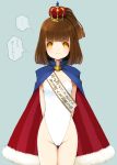  1girl arle_nadja arms_behind_back ass_visible_through_thighs brown_hair cape cowboy_shot crown fur-trimmed_cape half_updo highleg highleg_swimsuit highres looking_at_viewer madou_monogatari michio_(fuelmeter) puyopuyo sash short_hair side_ponytail standing strapless strapless_swimsuit swimsuit translation_request white_swimsuit 