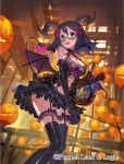  alternate_costume black_gloves black_hair breasts dress elbow_gloves flower garter_straps garters glasses gloves hair_flower hair_ornament halloween horns jack-o&#039;-lantern luck_&amp;_logic matsui_hiroaki medium_breasts official_art thigh-highs yurine_tamaki 