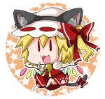  1girl :3 animal_ears bell blonde_hair blush bow cat_ears cat_tail chibi commentary_request fake_animal_ears flandre_scarlet full_body hair_between_eyes hair_bow halloween hat jingle_bell looking_at_viewer mob_cap noai_nioshi one_side_up open_mouth paw_print puffy_short_sleeves puffy_sleeves red_bow red_eyes short_sleeves simple_background smile solo star tail tail_bow touhou white_background white_legwear wings 