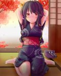  1girl alternate_costume architecture arms_behind_head arms_up autumn_leaves barefoot black_hair blush breasts closed_mouth east_asian_architecture em_s full_body hair_ribbon highres indoors japanese_clothes kantai_collection kimono long_hair looking_at_viewer multicolored_hair naganami_(kantai_collection) obi pink_hair ribbon sash sidelocks sitting small_breasts solo streaked_hair sweat turret wariza wide_sleeves yellow_eyes yellow_ribbon 
