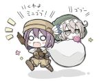  2girls angeltype blush_stickers brown_eyes brown_hair candy character_request chibi fang granblue_fantasy hair_ornament hairclip hat hood jitome lollipop multiple_girls o_o open_mouth pointy_ears sack smile translation_request 
