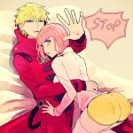  1boy 1girl andou_ruruka blonde_hair blue_eyes coat couple dangan_ronpa dangan_ronpa_3 english izayoi_sounosuke long_coat looking_at_viewer outstretched_arm pink_hair red_coat red_eyes short_hair shorts squinting thigh-highs white_legwear yellow_shorts yyy246 