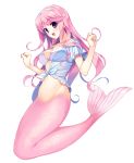  1girl bikini_top clenched_hands fish_tail full_body fumio_(ura_fmo) hairband hatsuru_koto_naki_mirai_yori highres jewelry long_hair meltyna mermaid monster_girl navel necklace official_art open_mouth pink_eyes pink_hair simple_background solo white_background 