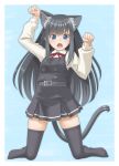  1girl animal_ears asashio_(kantai_collection) belt black_hair black_legwear blue_eyes buttons cat_tail dress fang highres kantai_collection kneeling long_hair long_sleeves neck_ribbon paw_pose pinafore_dress red_ribbon remodel_(kantai_collection) ribbon shirt solo t2r tail thigh-highs white_shirt 