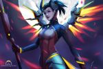  1girl alternate_costume black_hair bodysuit breasts copyright_name cowboy_shot dark_persona demon_horns demon_tail devil_mercy ears facial_mark forehead_mark full_moon glowing glowing_wings highres holding holding_staff horns jessica_ong lips logo looking_at_viewer mechanical_wings mercy_(overwatch) moon night night_sky nose orange_wings outdoors overwatch ponytail sky small_breasts solo spread_wings staff tail violet_eyes wallpaper wings 