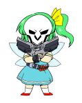  1girl belt blue_dress chibi cosplay crossover daiyousei dress dual_wielding face_mask fairy_wings fingerless_gloves gloves green_hair gun hair_ribbon highres mask nazotyu overwatch reaper_(overwatch) reaper_(overwatch)_(cosplay) ribbon shotgun shotgun_shells side_ponytail simple_background touhou weapon wings 