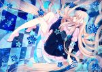  1girl 2016 aque_shen_lei artist_name blonde_hair blue_background chii chobits closed_eyes dress hair_ornament high_heels long_hair pink_shoes shoes solo watermark 