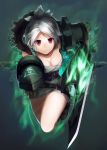  &gt;:( 1girl armor aura beltskirt breasts cleavage closed_mouth dress folded_ponytail foreshortening full_body highres holding holding_sword holding_weapon hou_akira incoming_attack league_of_legends looking_at_viewer red_eyes riven_(league_of_legends) short_dress short_hair silver_hair solo strapless strapless_dress sword weapon white_dress 